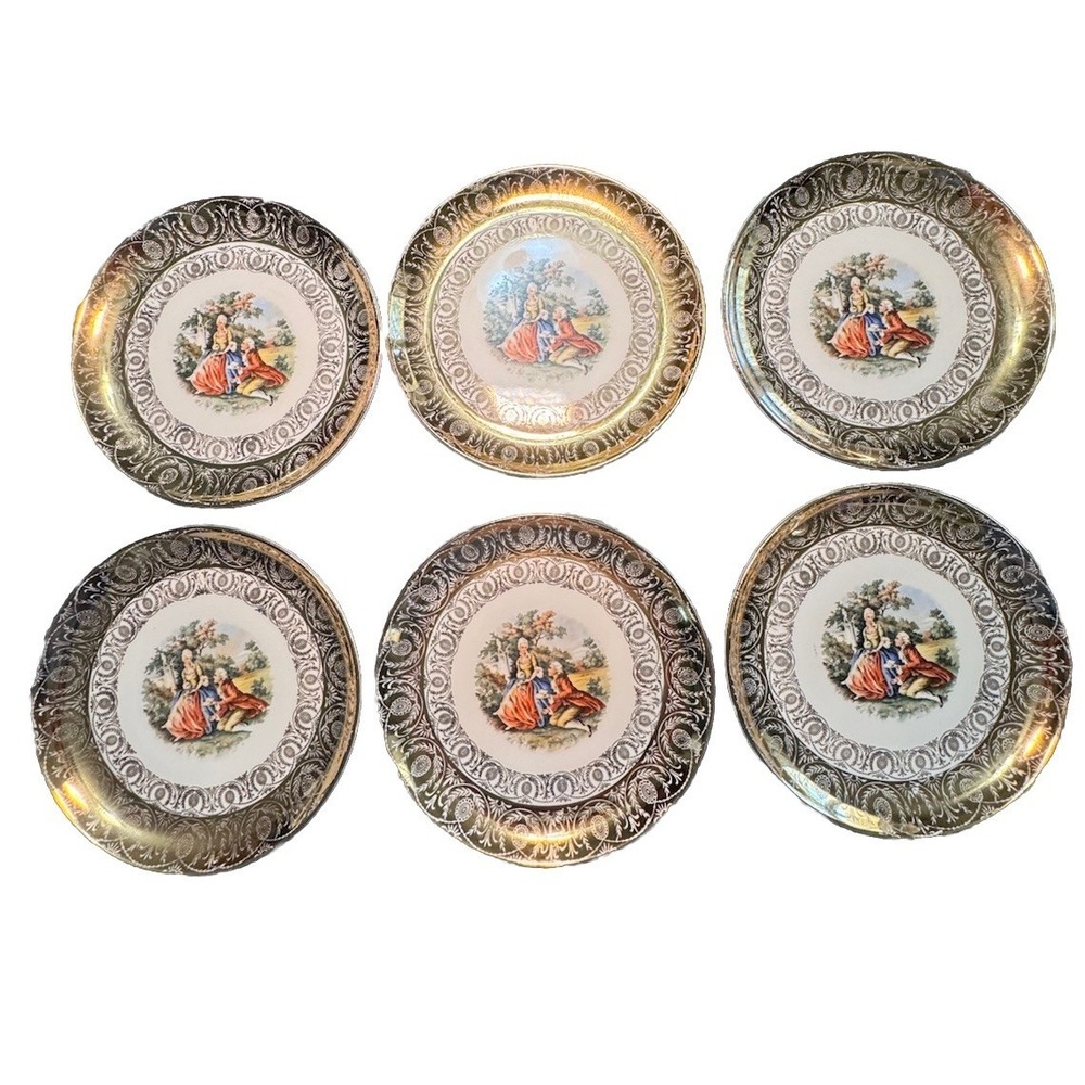 Set 6 Atlas China 22K Gold Salad Dessert Plates Courting Couple Romantic Scene‎